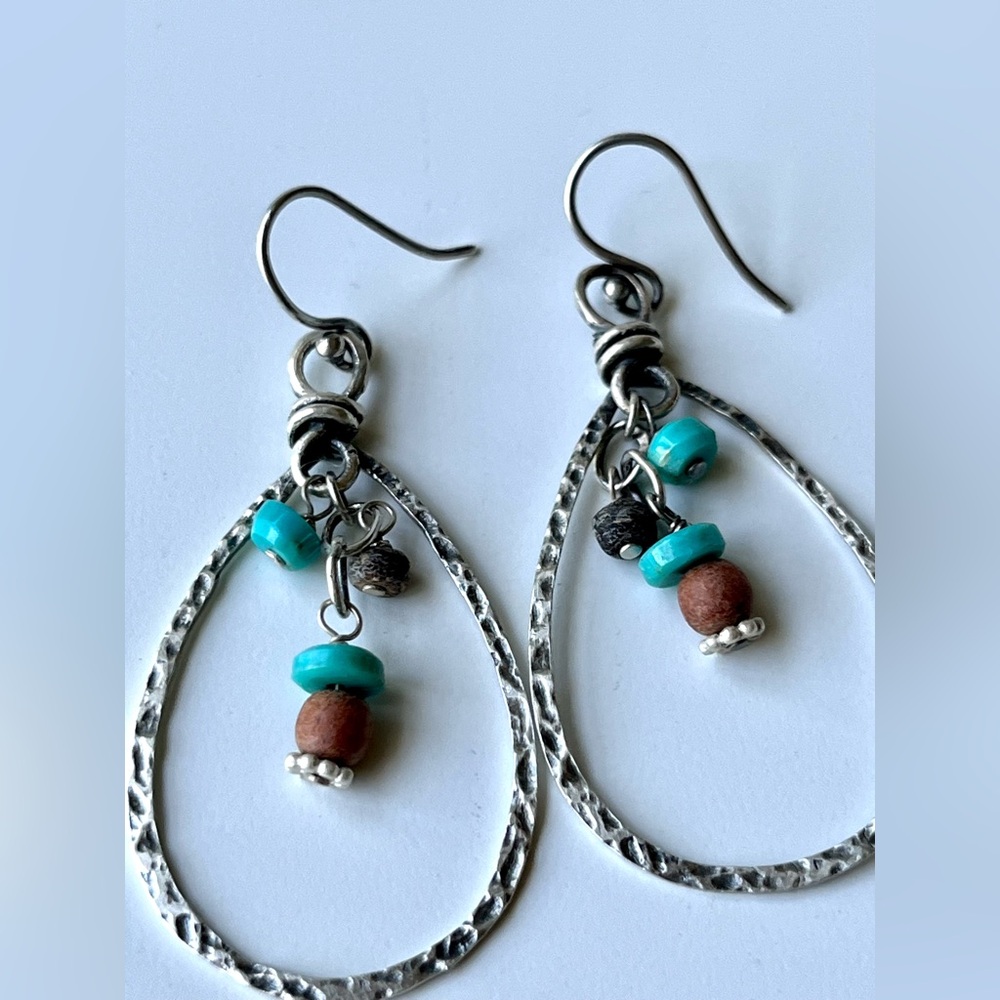 Retired Turquoise, Wood and Sterling Silver hammered Sterling Silver Earrings - Picture 3 of 4